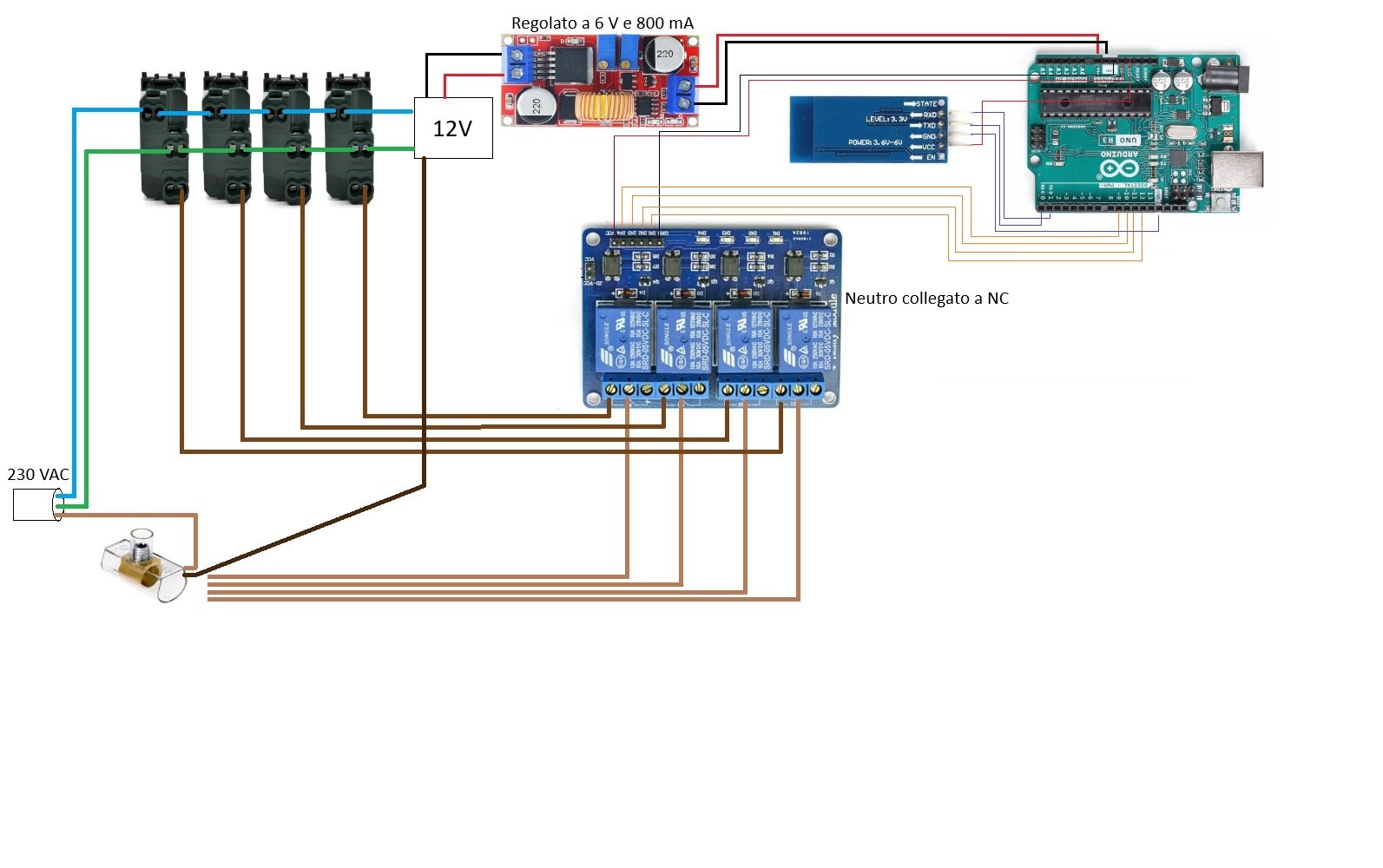 Schema elettrico della prima versione con Arduino e HC-06